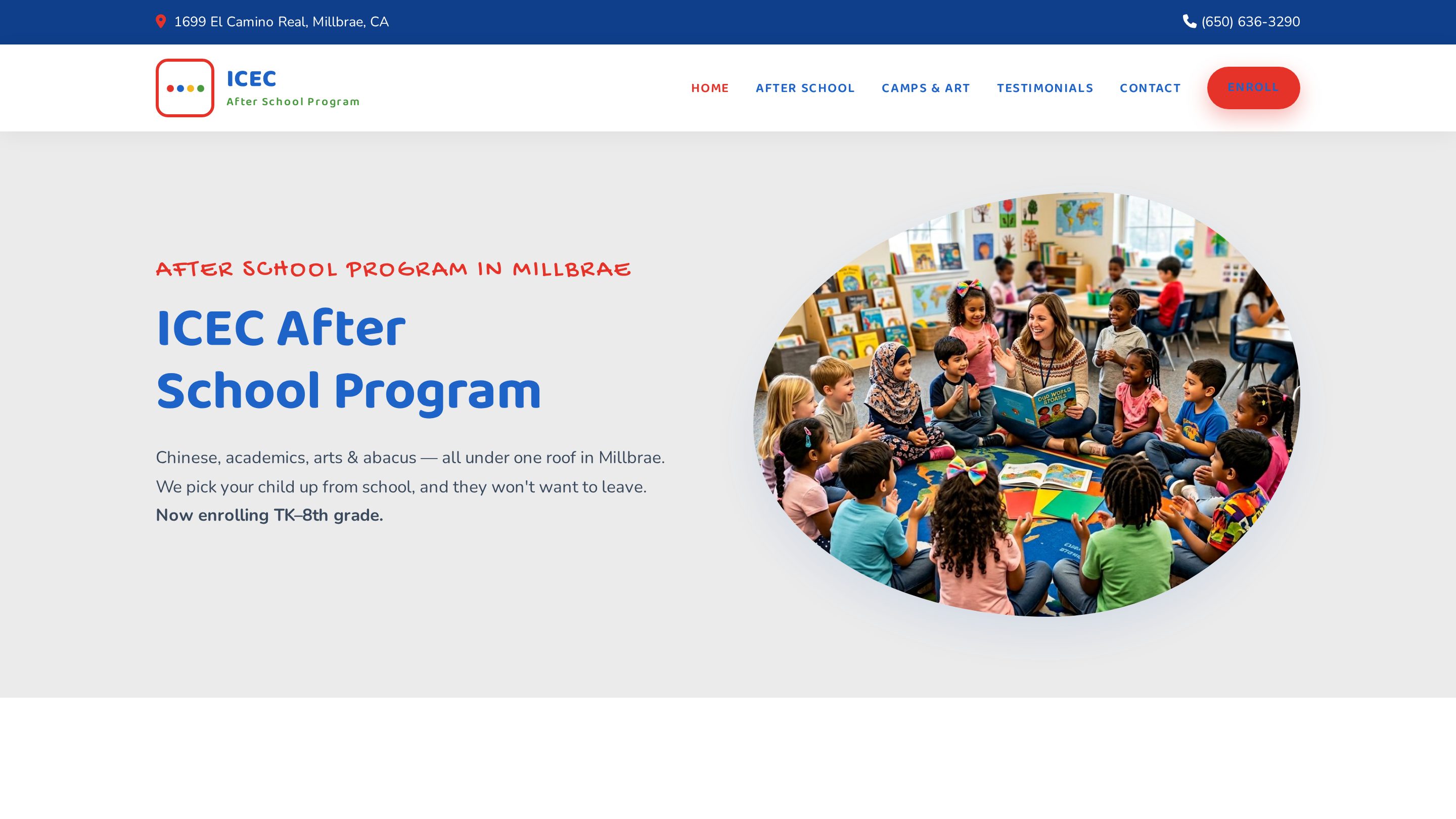 ICEC After School Program — conversion-first homepage (hero, trust badges, pickup, programs, enroll form)